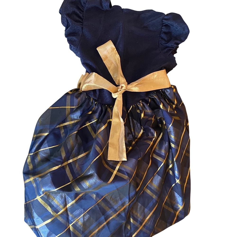 Bonnie Jean Girls 16 Navy Blue Gold Plaid Metallic Party Dress Bow Holiday - Picture 3 of 10